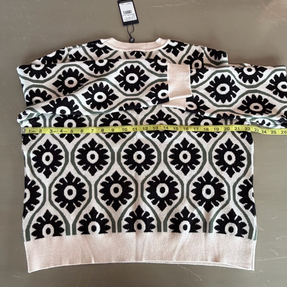 Adrianna Papell Cream Black Olive Floral Jacquard Sweater Crewneck Women L NEW - Picture 6 of 8